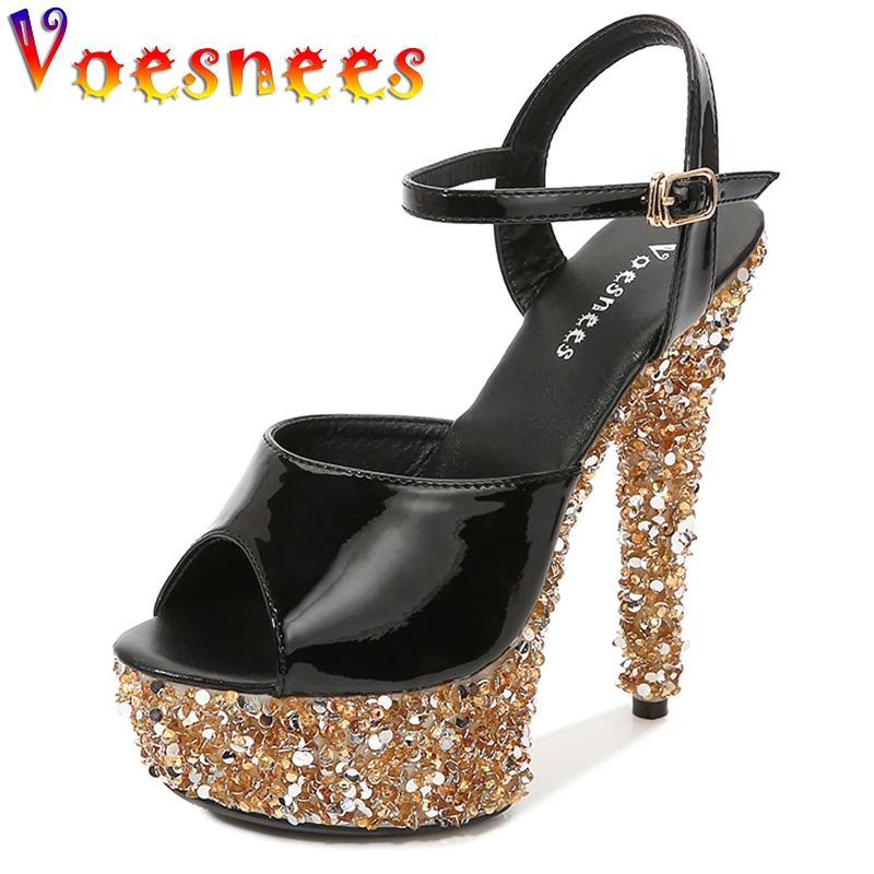 Summer New Women Shoes Bling Patent Leather Buckle Sexy High Quality Sandals Temperament High Heels Peep Toe Adult Party Shoes