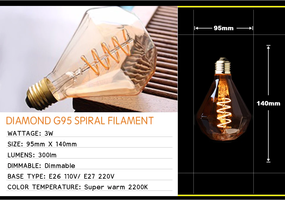Retro dimmbare LED Edison Glühbirne E27 3W Gold Spiral-Filament ST64 G125 Ampoule LED Lampe Glühbirne Kronleuchter Dekorative Beleuchtung – Detail 14