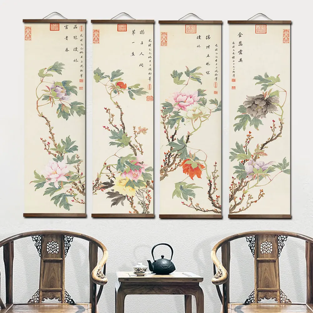 Chiński styl tradycyjny styl zielone kwiaty płótno do salonu ściany plakaty artystyczne z litego drewna przewiń obrazy home decor