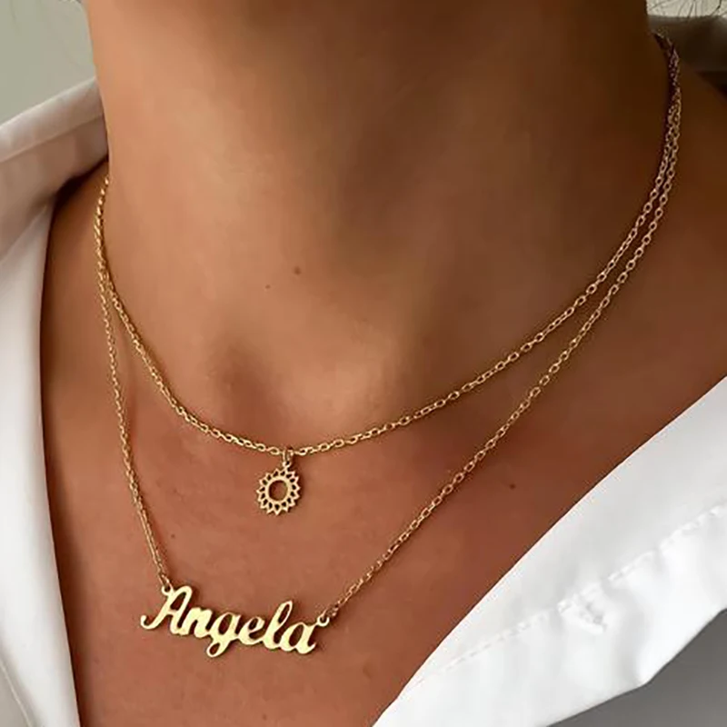 

18K Personalized Name Necklace Custom Double Layer Flower Initial Letter Pendant Stainless Steel Nameplate Chain Jewelry Women