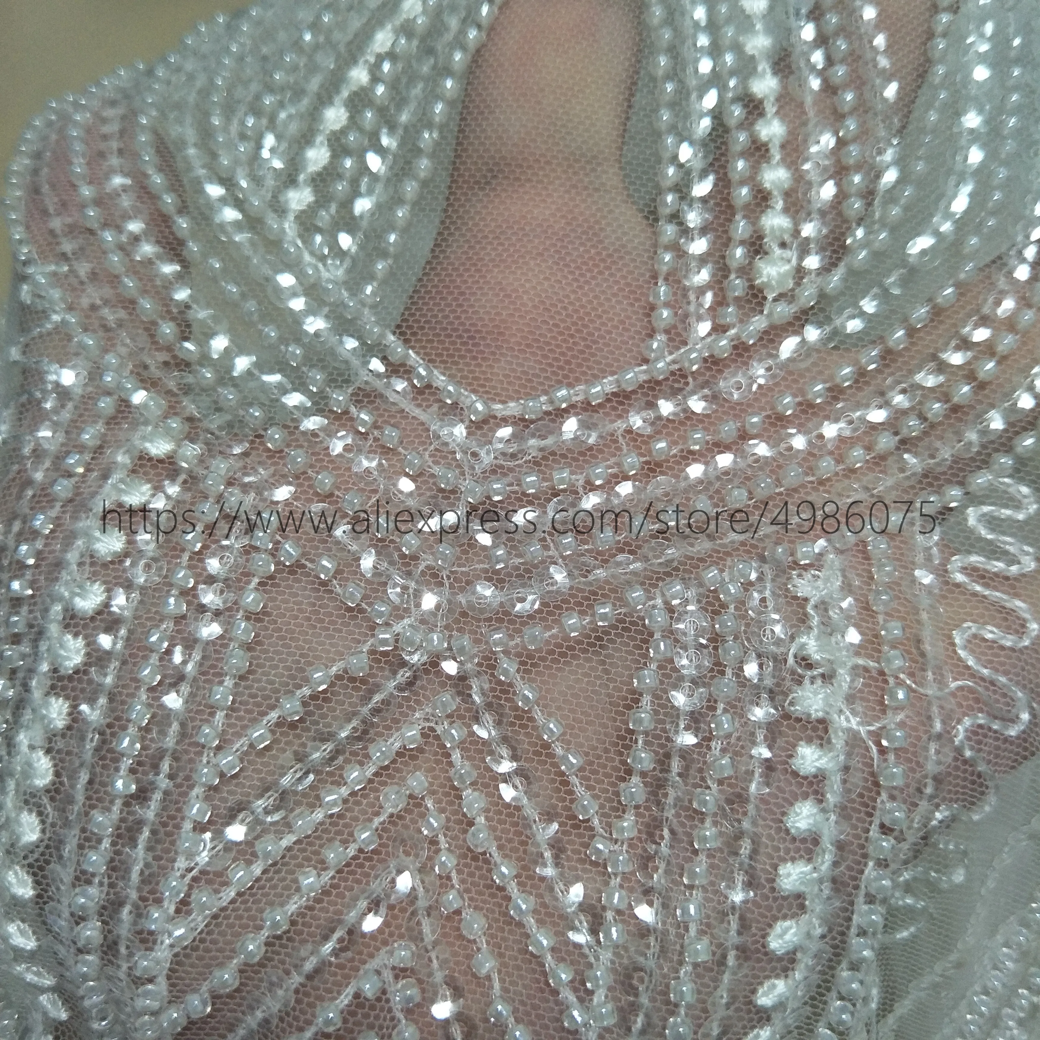 Fashion heavy beading lace fabric bridal wedding gown dress lace 130cm width sell by yard