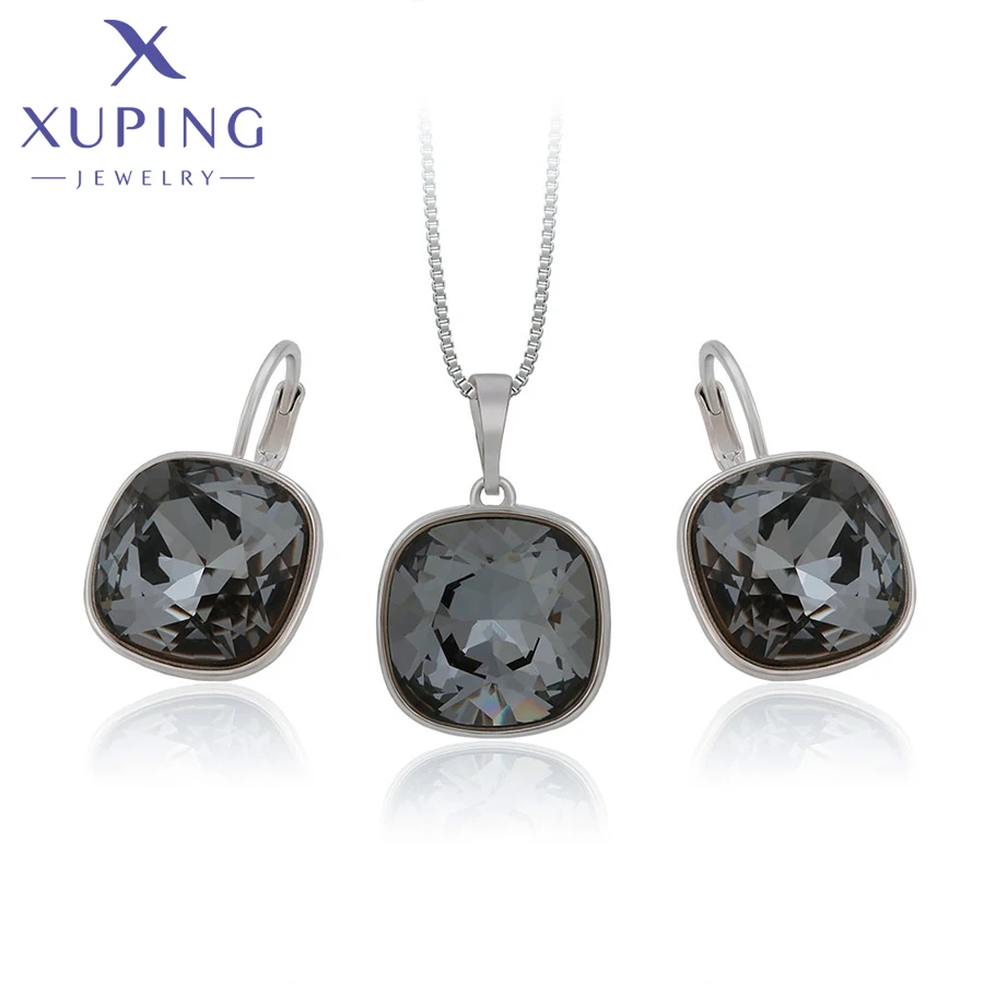 Xuping Jewelry Charm Trendy Square Shaped Crystal Jewelry Set Rodium Color Earring Necklace Set for Women Girl Gift 60090