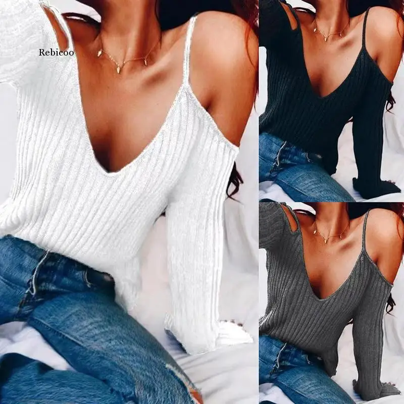 

Autumn Women Sexy Off Shoulder Knitted Tops V-Neck Straps Women's Thin Sweater Long Sleeves Pure Color Low Cut Casual Pullovers