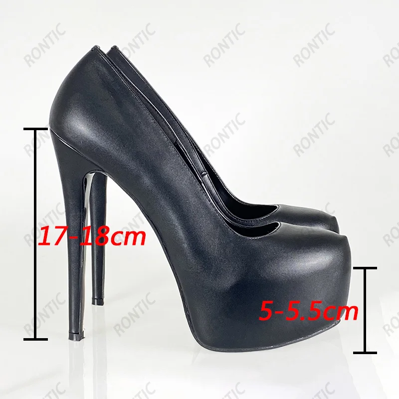 Rontic Handmade Women Spring Platform Pumps Faux Leather Stiletto Heels Round Toe Elegant Black Night Club Shoes US Size 5-20