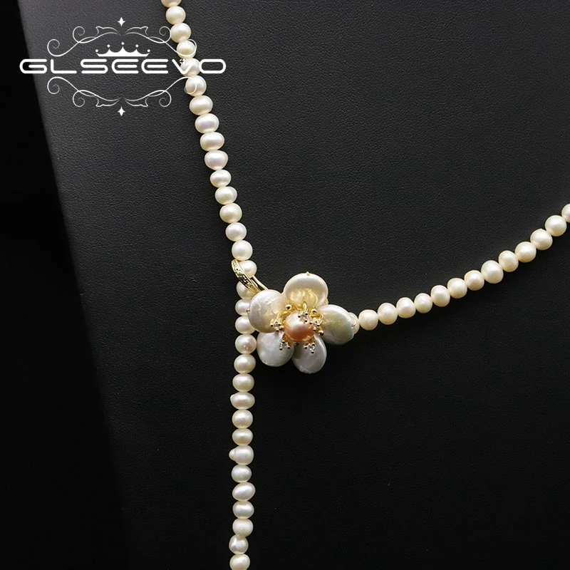 Glseevo Natural Freshwater Pearl Necklace For Women 2021 Luxury Flower Long Sweater Chains Retro Gifts For Original Women GN0405