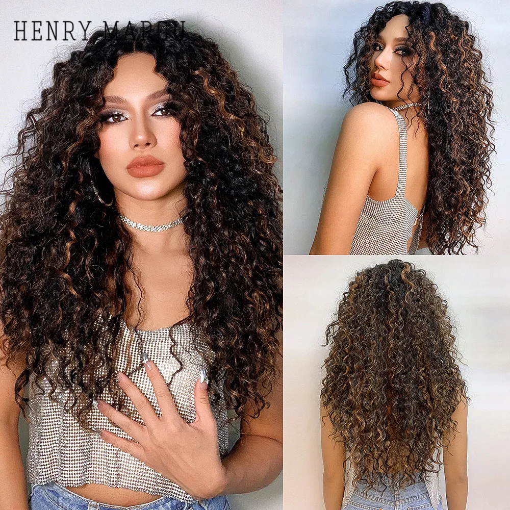 

HENRY MARGU Long Wave Curly Lace Front Synthetic Wigs Natural Middle Part Black Brown Lace Wig for Black Women Heat Resistant