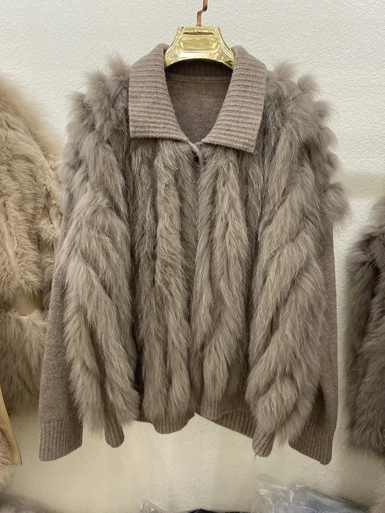 Vrouwen Real Fox Fur Breien Oversized Losse Lente Vos Bont Strip Genaaid Samen Buiten Decoratie Turn-Down Kraag Trui jas