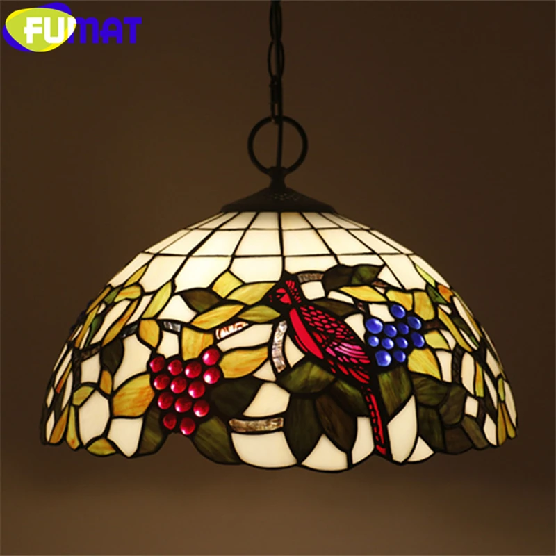 FUMAT Tiffany Style Red Grape Bird Peacock Stained Glass Pendant Lamp Gemstone Handicraft Arts Home Decor Hanging Light Fixture