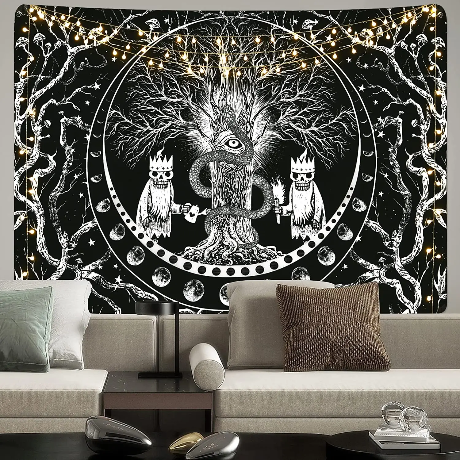 Tree Of Life By Ho Me Lili Tapestry Black White Skeleton Skull Snake Moon Phase Wall Hanging For Room