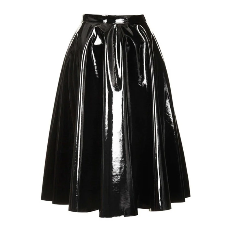 Women Sexy Latex Pleated Midi Skirt 3XL 4xl Gothic High Waist Knee Length PU Leather Ball Gown Skirts Elegant PVC A-Line Skirt