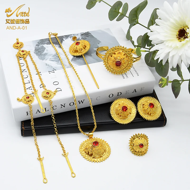 Arabic Gold Jewelry Sets For Women Ethiopian Eritrean Bride Dubai Gold Color African Indian Ethnic Wedding Necklace With Stone