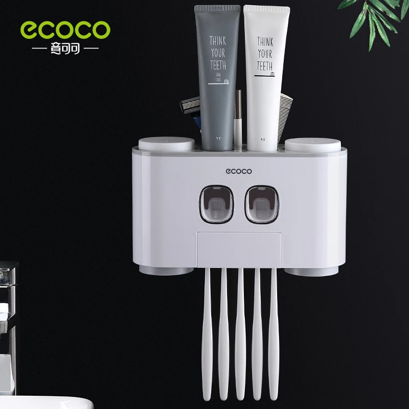 ECOCO Automatic Toothpaste Extrusion Bathroom Accessories Receptacle With 4 Cups Dustproof Toothbrush Holder Wall-Mounted