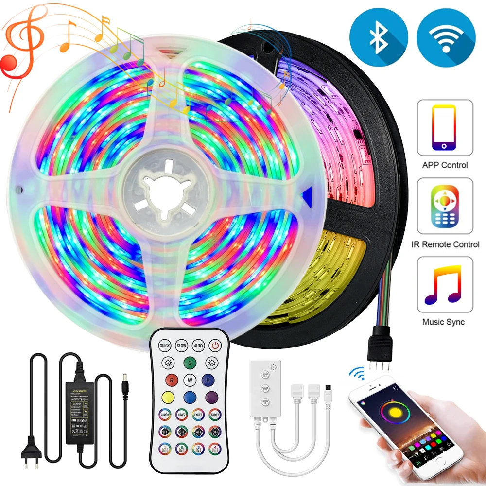 5M 10M 15M WiFi Bluetooth LED Strips Lights 220V RGB 5050 Ledstrips taśma LED Multicolor Ribbon Tape for Bedroom Wall Decoration