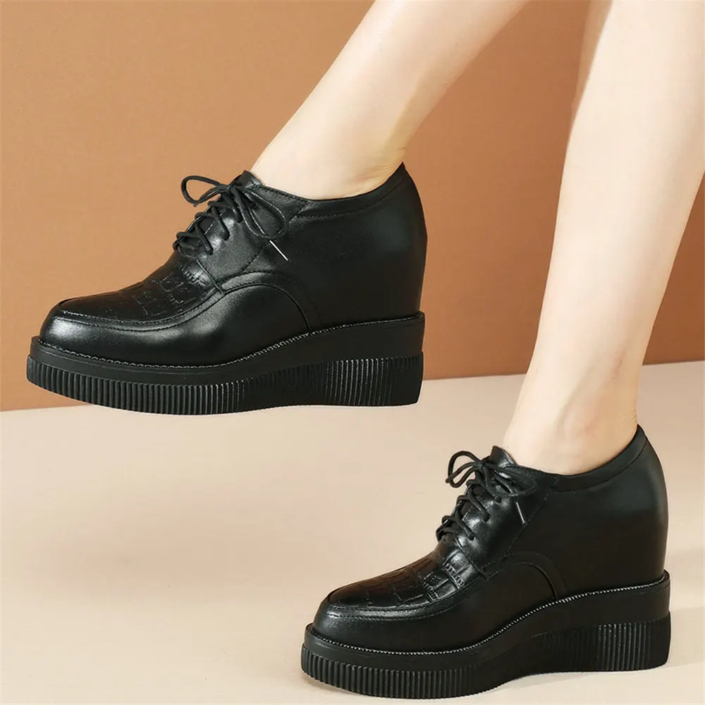 

Chunky Platform Pumps Shoes Women Lace Up Cow Leather Wedges High Heel Ankle Boots Female Round Toe Fashion Sneakers Casual Shoe