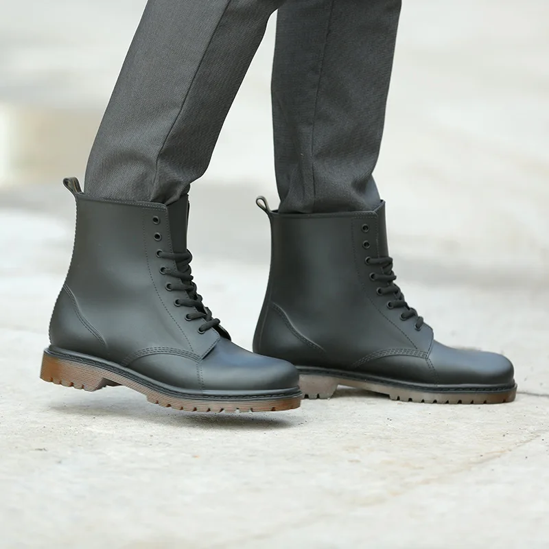 Fashion  Rain Boots Men Round Toe Lace Up Ankle Boots Hard-wearing Rain Shoes for Man Galoshes Waterproof Rubber Booties