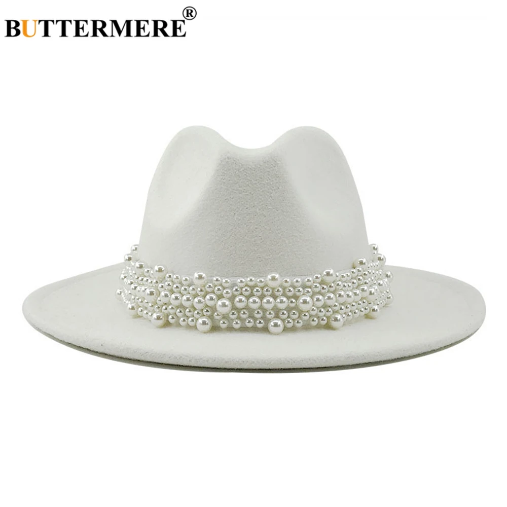 BUTTERMERE Jazz Fedora Hats Casual Women Pearl Felt Hat White Pink Yellow Blue Red Woolen Panama Trilby Formal Party Cap 58-61CM