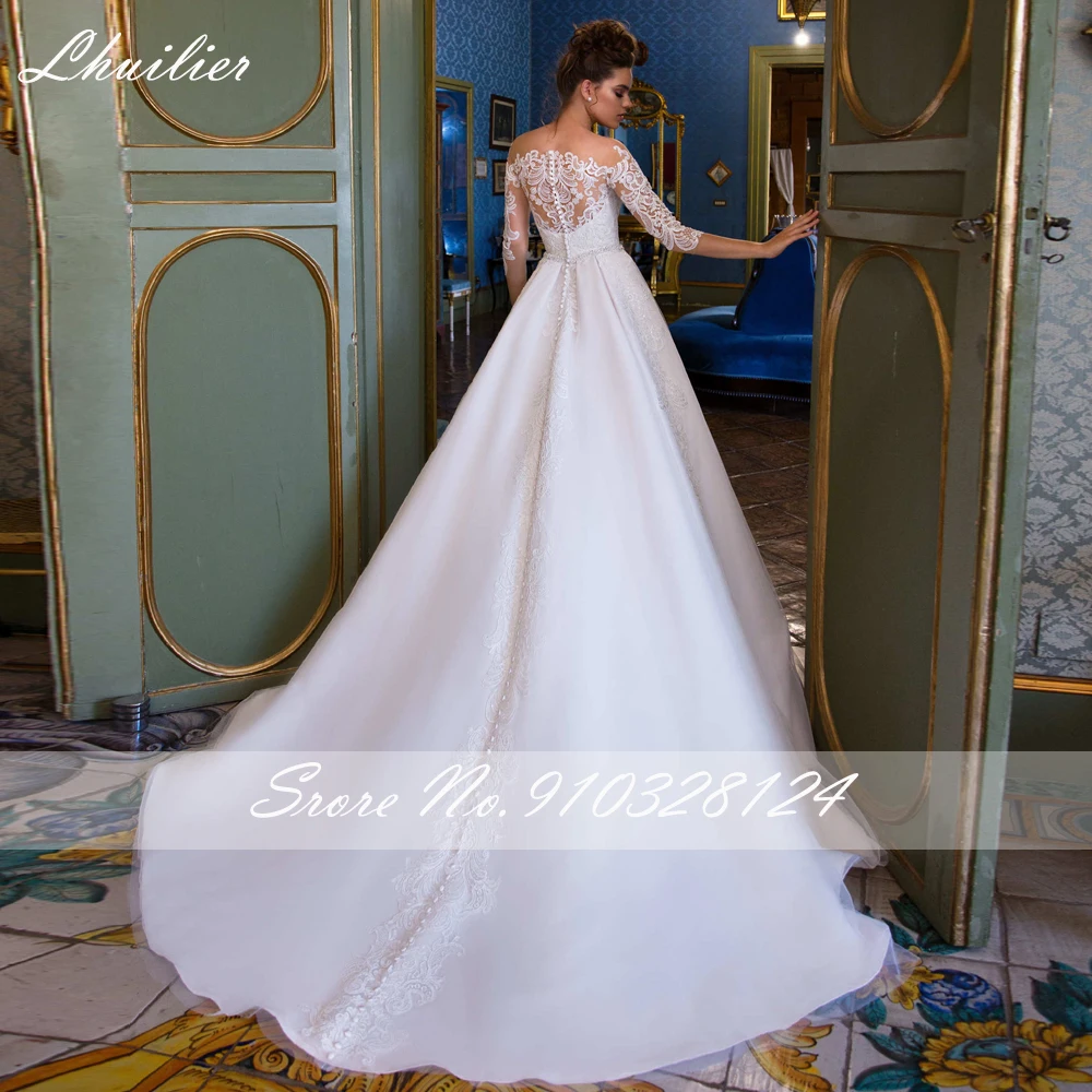 Lhuilier Customized A-line Scoop Neck Wedding Dresses Floor Length Lace Appliques Half Sleeves Bridal Dress with Belt