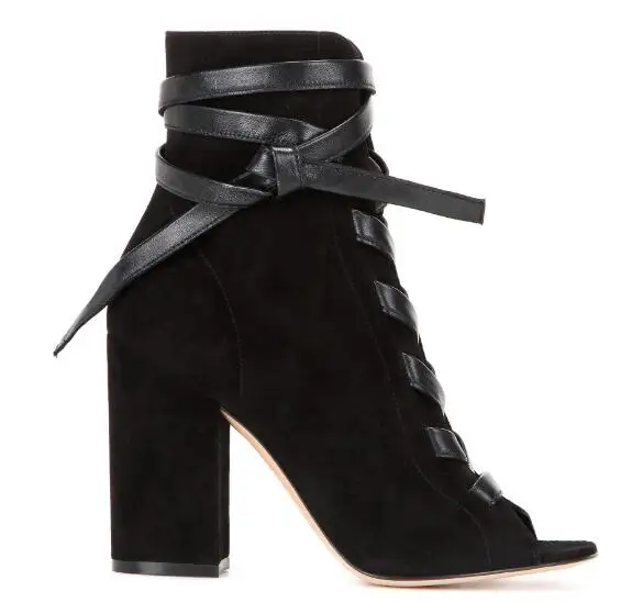 

Spring New Fashion Woman Black Peep Toe Cross Lace Up Ankle Boots Female Square Heels Hollow Out Runway Short Boots Shoes Lady