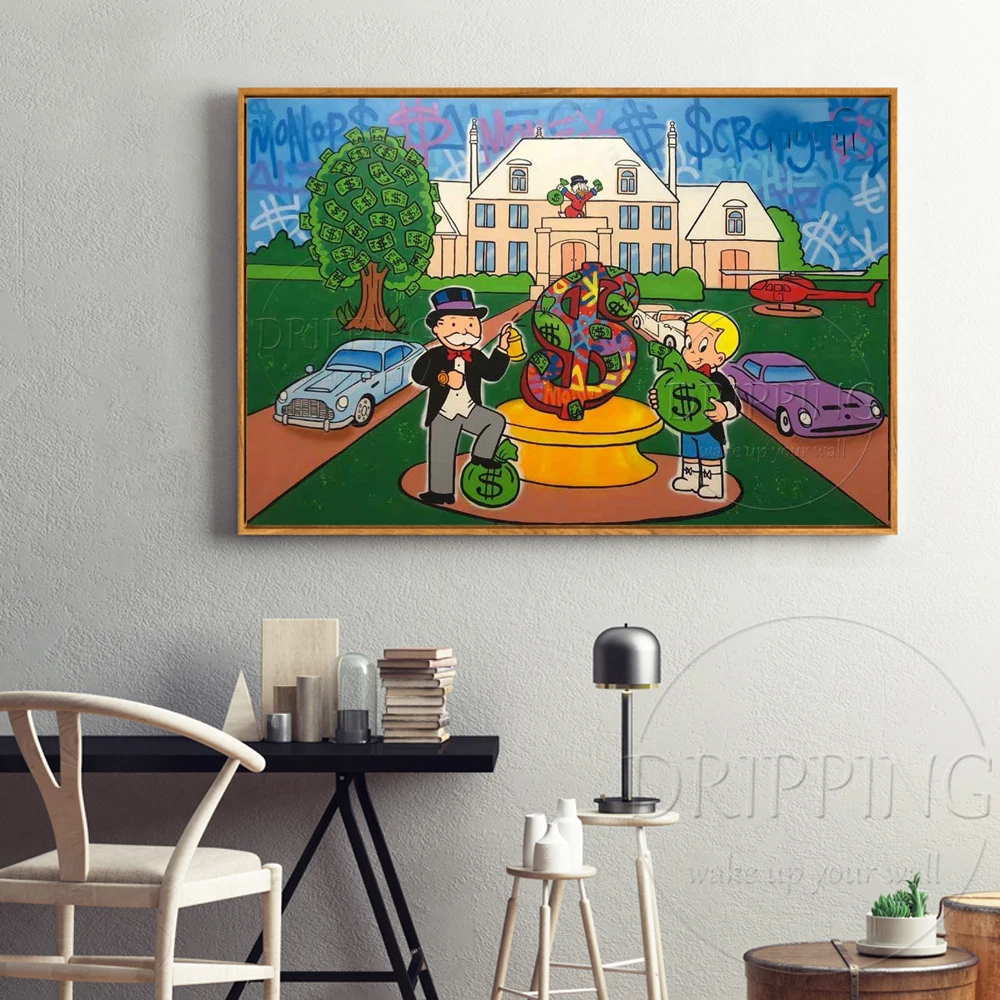 Imaginative Design Hand painted Money Tree and Rich Duck Oil Painting on Canvas Handmade Super Rich Man and House Oil Painting