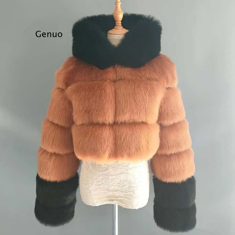 Winter Frauen Hohe Qualität Flauschigen Faux Pelzmantel frauen Winter Mantel mit Hut Fuchs Fur Stitching Farbe Passenden Pelz mantel