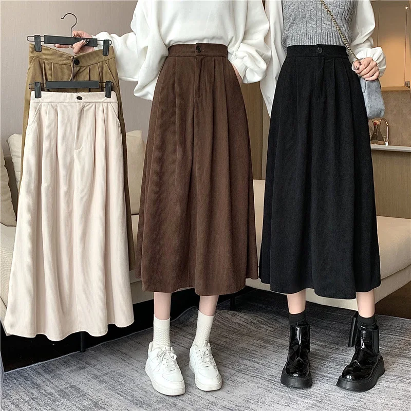 New Vintage Corduroy Pleated Skirt Women Thick Autumn Winter Skirt Korean Fashion High Waist Velvet Mid Long A-Line Skirt Female