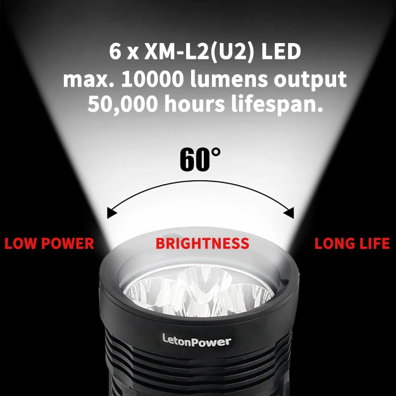 Letonpower-lanterna de mergulho para mergulho, lâmpada de led subaquática, iluminação para mergulho, lm, 6xl2