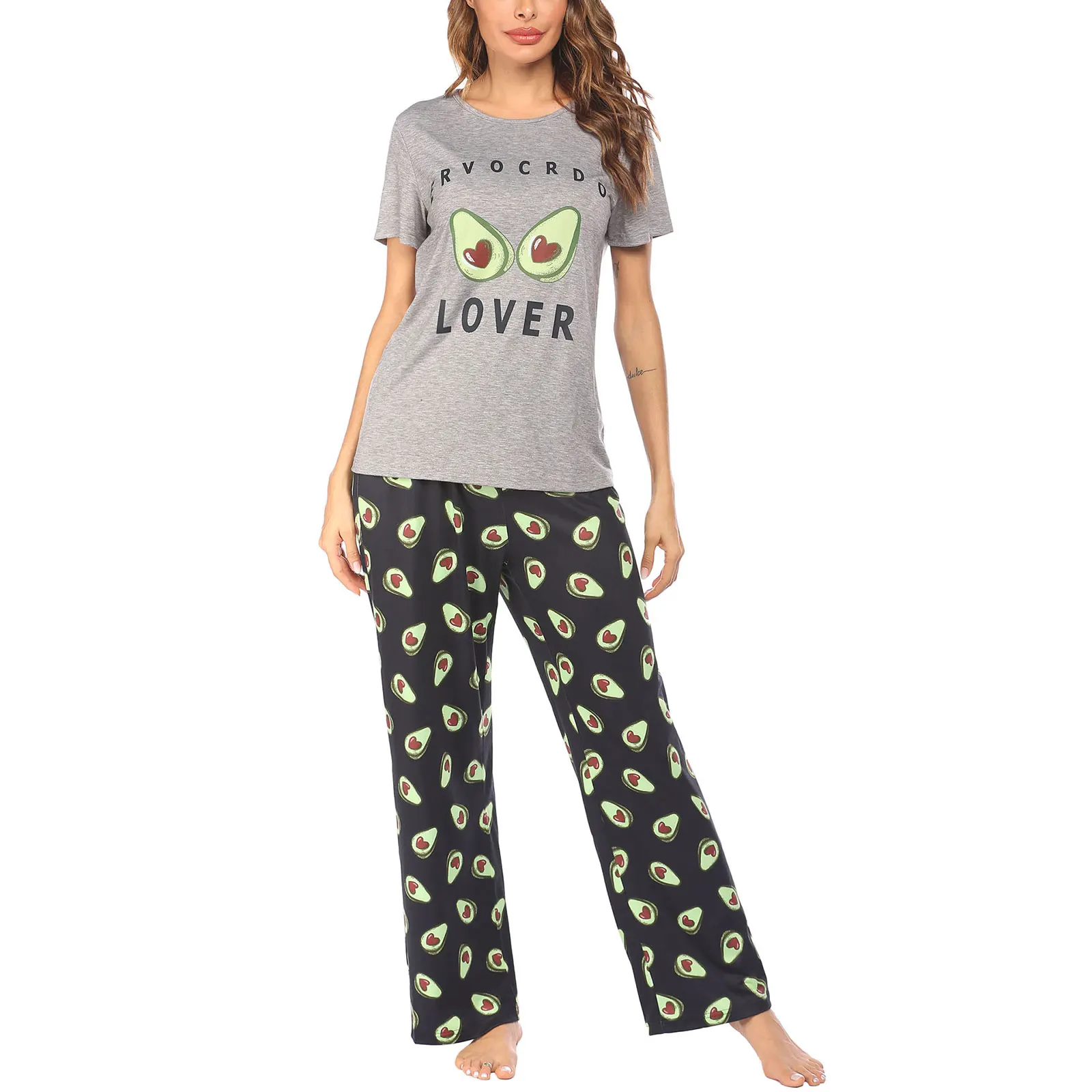 

New Ladies Casual Pajamas Set Avocado Print Ladies Homewear-Light Grey Printed Short Sleeve Round Neck Top + Pants 2 Pack