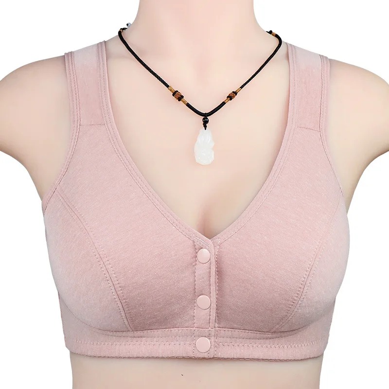 NY37 New ladies soft cotton vest-style middle-aged and elderly glossy large size no steel ring front buckle bra underwear