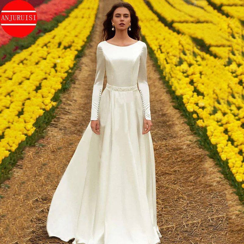 Lange Ärmel Hochzeit Kleid Einfache Vestido De Novia 2022 EINE Linie Satin Braut Kleid Perlen Gürtel Robe Mariage Boda Trouwjurk günstige