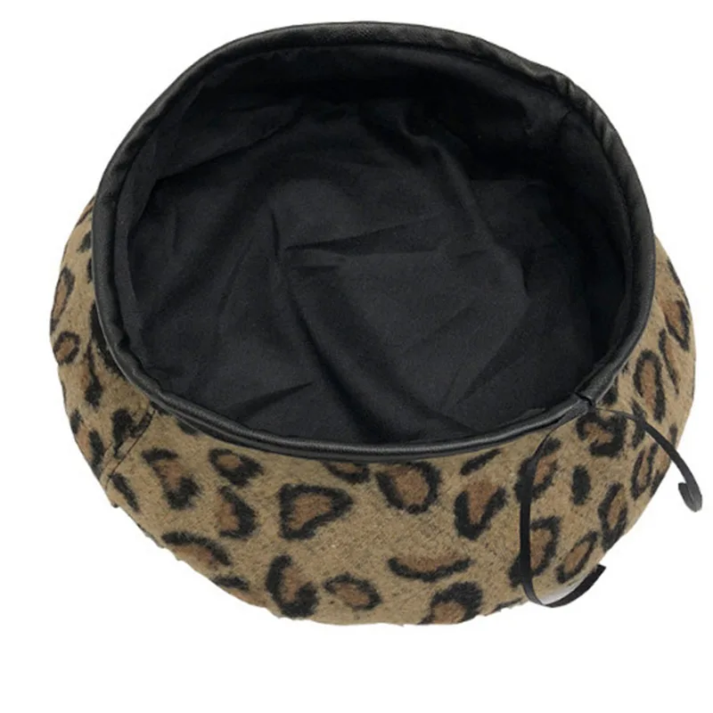 Leopard Beret Female Autumn Winter Hats For Women Vintage Painter Flat Cap Boina Feminina Fashion PU Leather Brim Beanie