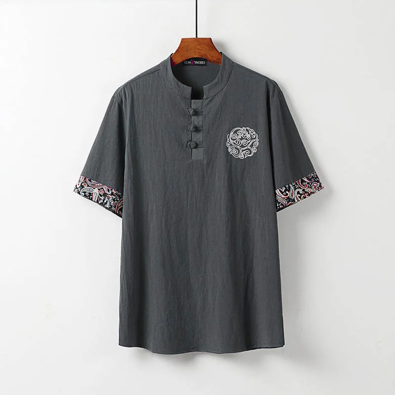 150Kg Bust 158cm Plus size men's summer Chinese style embroidery T-shirt 6XL 7XL 8XL 9XL 10XL 11XL loose linen short-sleeved top