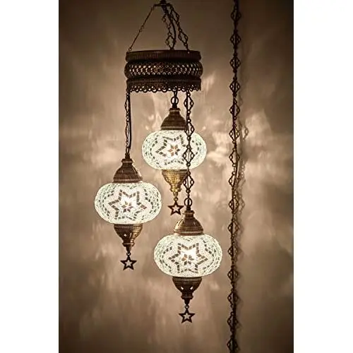 LaModaHome English Moroccan Mosaic Hardwired OR Swag Wall Plug in Chandelier Light Ceiling Hanging Lamp Pendant Fixture (3X6.5