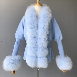 Jxwatcher Ladies Fur Sweater Women Real Fox Fur Short Sweater Bubble Sleeves Real Fox Fur Collar Wool Sweater Cardigan Jacket