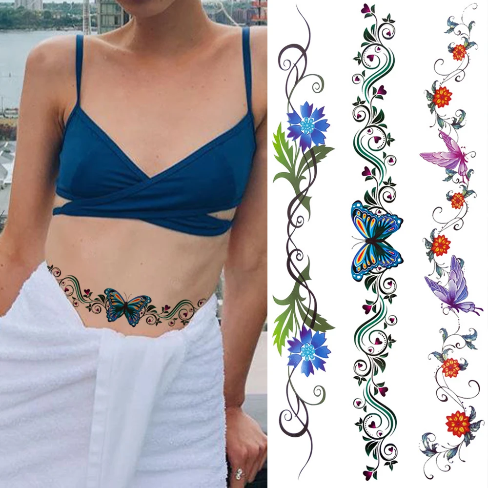 Unique Waist Line Art Temporary Tattoos For Women Fake Body Art Tattoo Realistic Butterfly Flower Thorns Tatoos For Party Beach