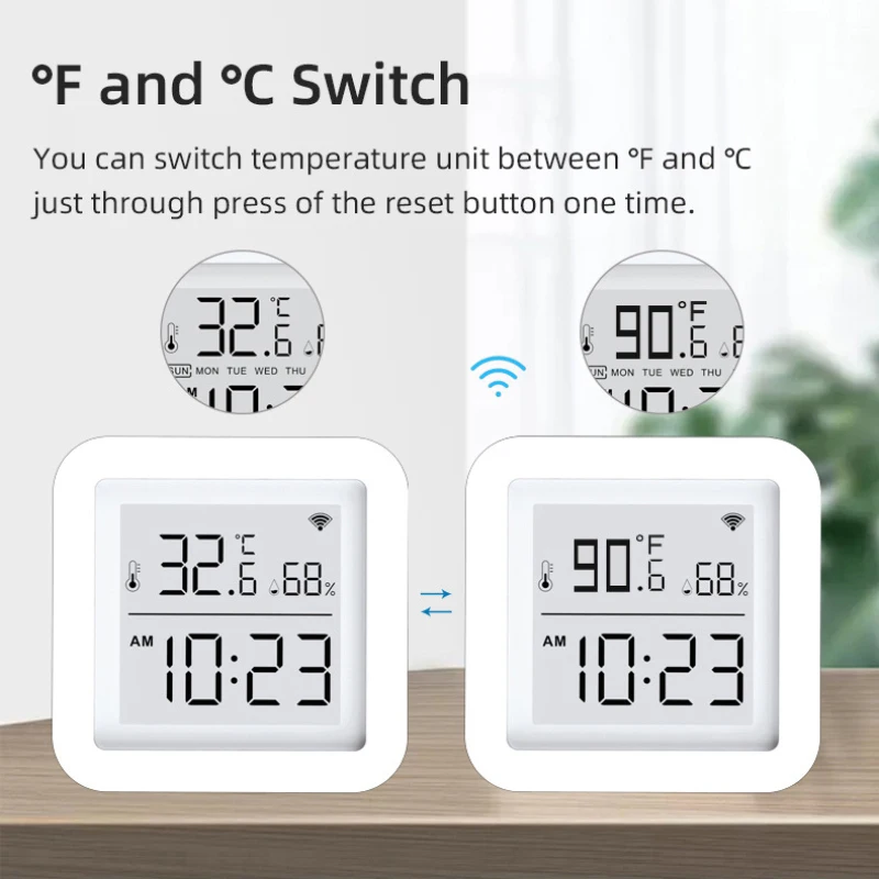 Tuya Smart Wifi Temperature Humidity Sensor Smart Thermometer Hygrometer Time Date LCD Screen Detector Smart Home Desk Clock