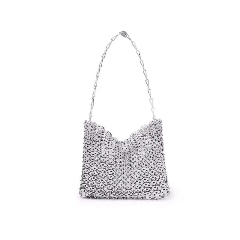 Luxury Designer Women Bags Pure Metal Sequins Chain Woven Bag Hollow Evening Bags Clutch Female Travel Holiday Shoulder Bag