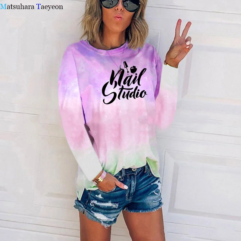 Beauty Salon Nail Manicure Pedicure T Shirt Women Tie-dyed Cotton Long Sleeve Tops Women 2020 Fashion Autumn Femme T-shirts