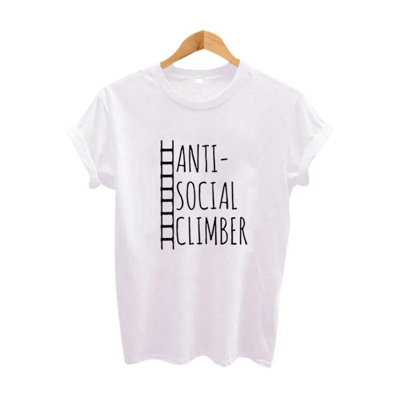 Cute Women's Black White Graphic Tee TShirt Funny T Shirts Anti-Social Climber Slogan Hipster Harajuku Saying Print T-shirt