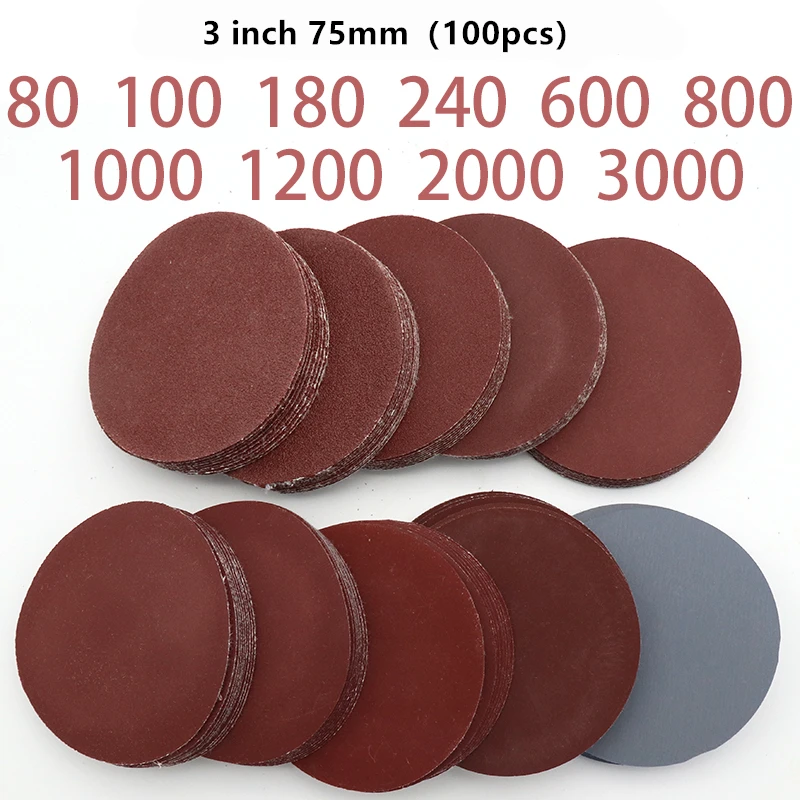 100pcs 75mm 3‘’ circular Flocking polishing Sandpaper disc with Grits 80-3000 Grinding metal detector carpenter Sand Sheets