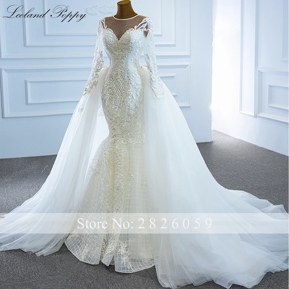 Lceland Poppy Customized Scoop Neck Mermaid Lace Wedding Dresses Long Sleeves Beaded Bridal Gowns with Detachable Train