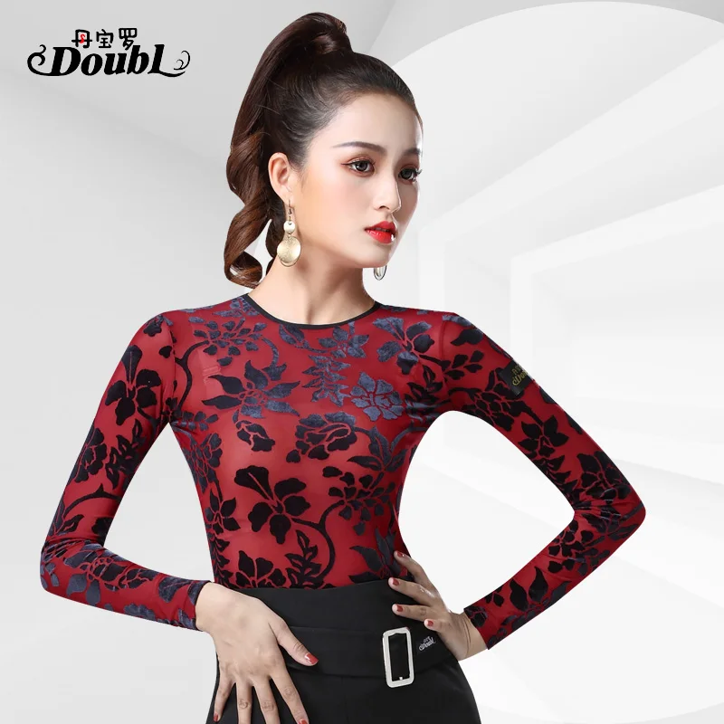 DOUBL Sexy Female UpperClothing Adults Latin Dance Top Modern Long Sleeve Practice Waltz Standard Dance Practise Tops for Women