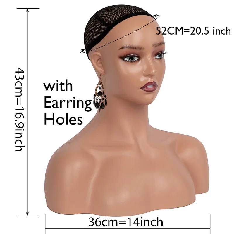 DUNIHead-Tête de Mannequin de Visage Souriant pour Perruque, avec Épaules pour Perruques, Beige, Marron, Réaliste