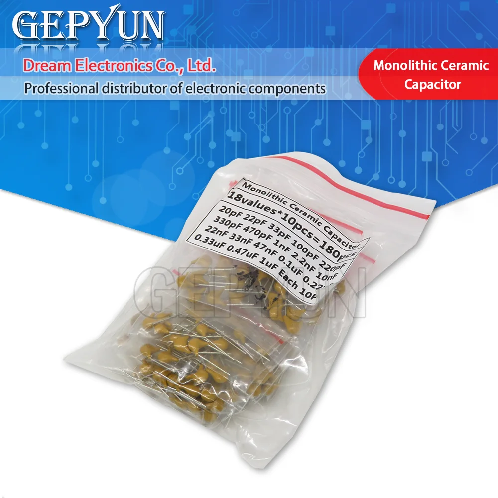 Kit de Sortimento de Capacitor Cerâmico Mono, 18Valuesx10Pcs = 180Pcs, 20PF-105, 1UF, 50V