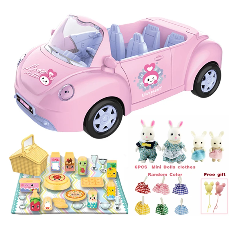 1/12 Simulation Picnic Car Motorcycle Play House Toy Convertible Sliding Car Rabbit Family Package Toy For Girls Birthday Gifts