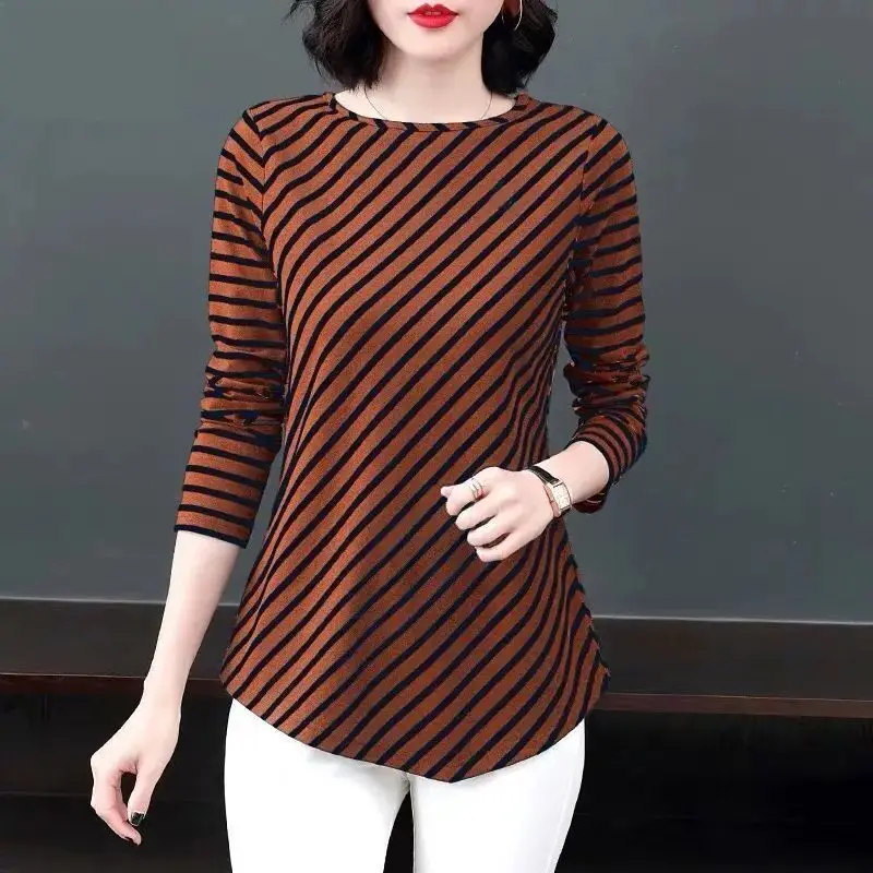 

New Women's Spring Autumn Style Blouses Shirts Women's Long Sleeve Striped O-Neck Casual Slim Blouses Shirts DD8323