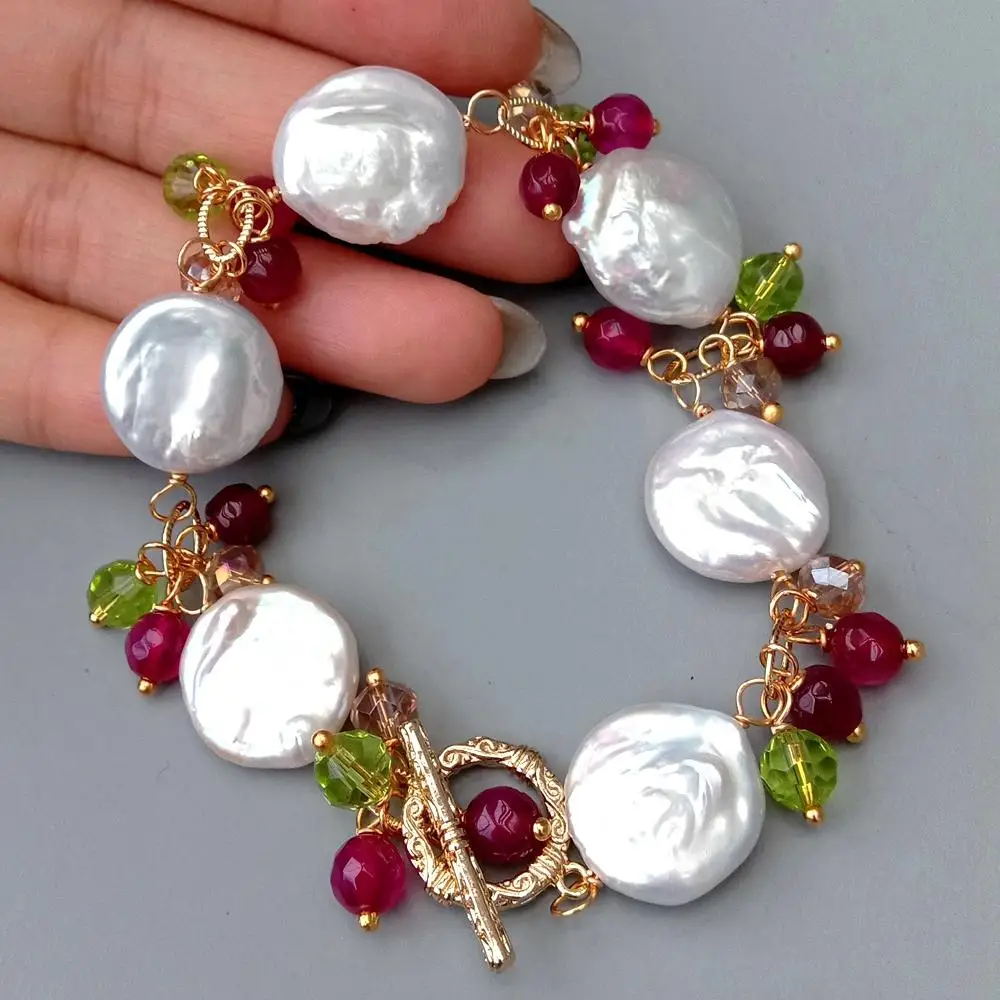 KKGEM Handmade Fuchsia Agate Crystal  Natural Cultured White Coin Freshwater Pearl Wrap Bracelet Jewelry For Women Gift