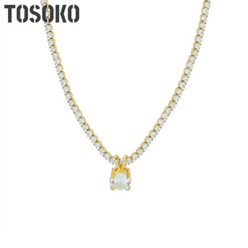 

TOSOKO Stainless Steel Jewelry Full Zircon Inlaid Chain Women's Elegant Shiny Zircon Pendant Clavicle Chain BSP105