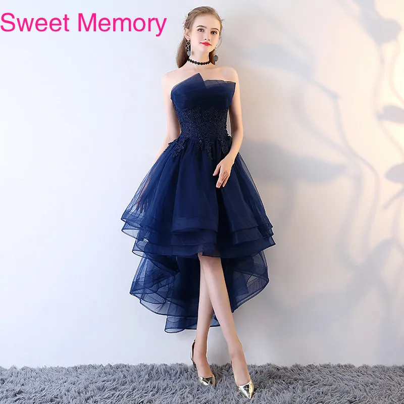 11 colori Sweet Memory High Low abito da sera blu Navy senza spalline verde rosso nero abiti da festa Lace Up Applique Vestidos