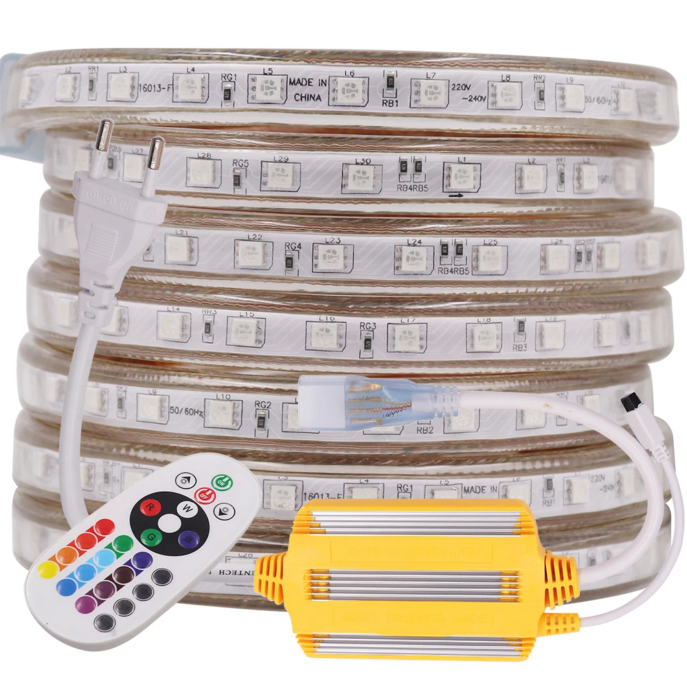 Waterproof LED Strip Light 5050 RGB 220V 230V 240V AC 60LEDs/m Remote Control Flexible Led Ribbon Tape Outdoor Decoration