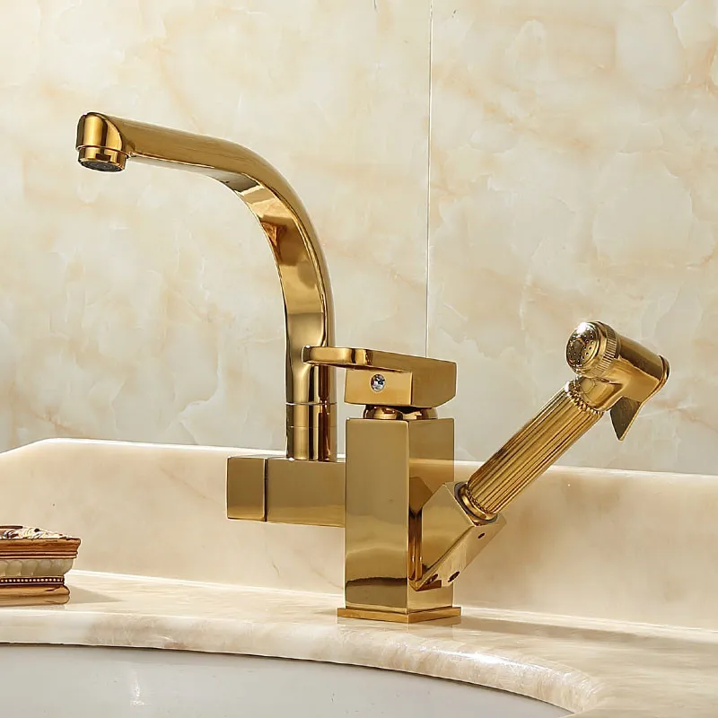 Bathroom Basin Faucet Hot & Cold Solid Brass Sink Mixer Taps Dual Handle Deck Mounted With Spray Gun Rotating Kitchen Gold